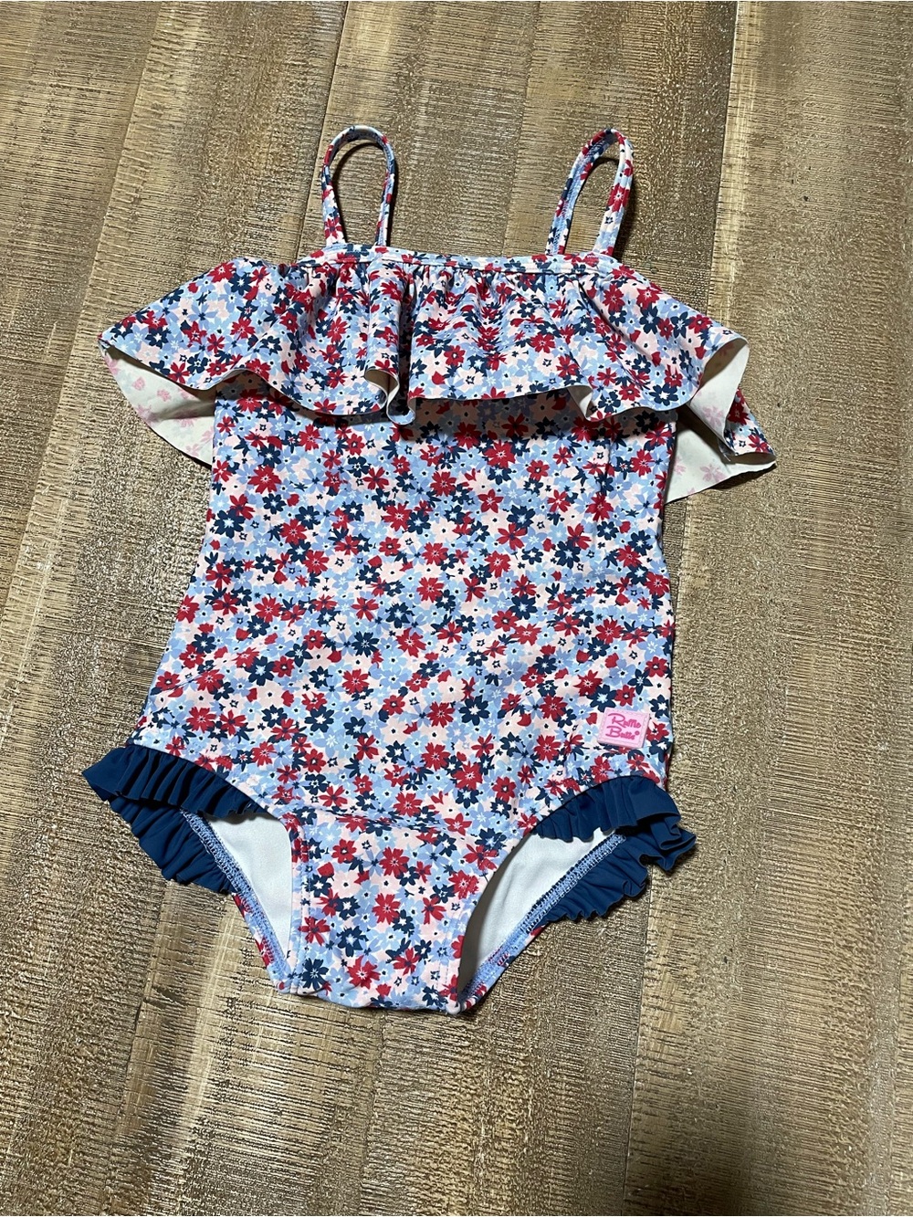 Girls Floral Ruffle One-Piece Swimsuit - Red & Blue